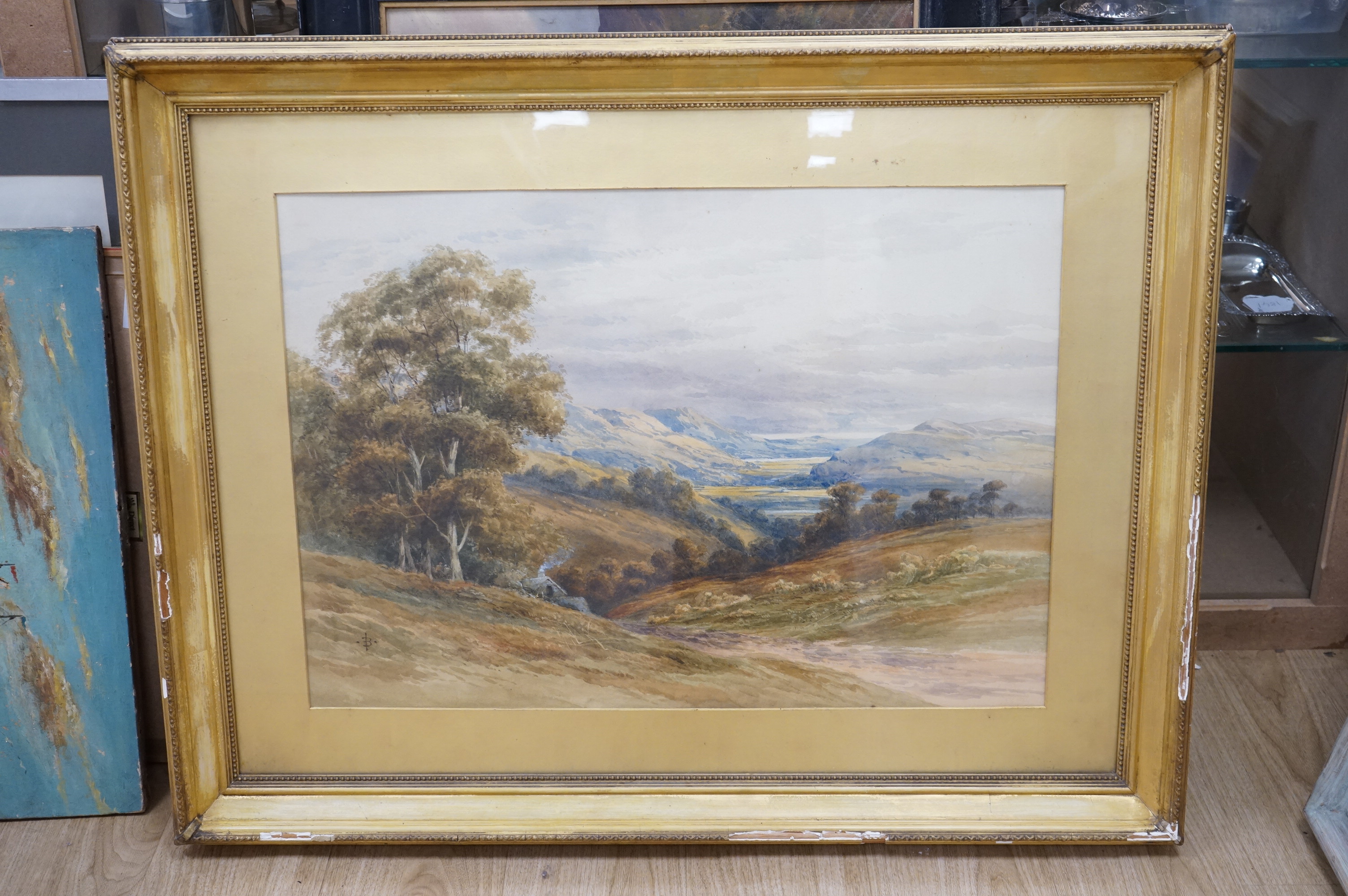J B, monogrammist, Panoramic mountainous landscape with cottage, watercolour, 51 x 72cm, gilt framed
